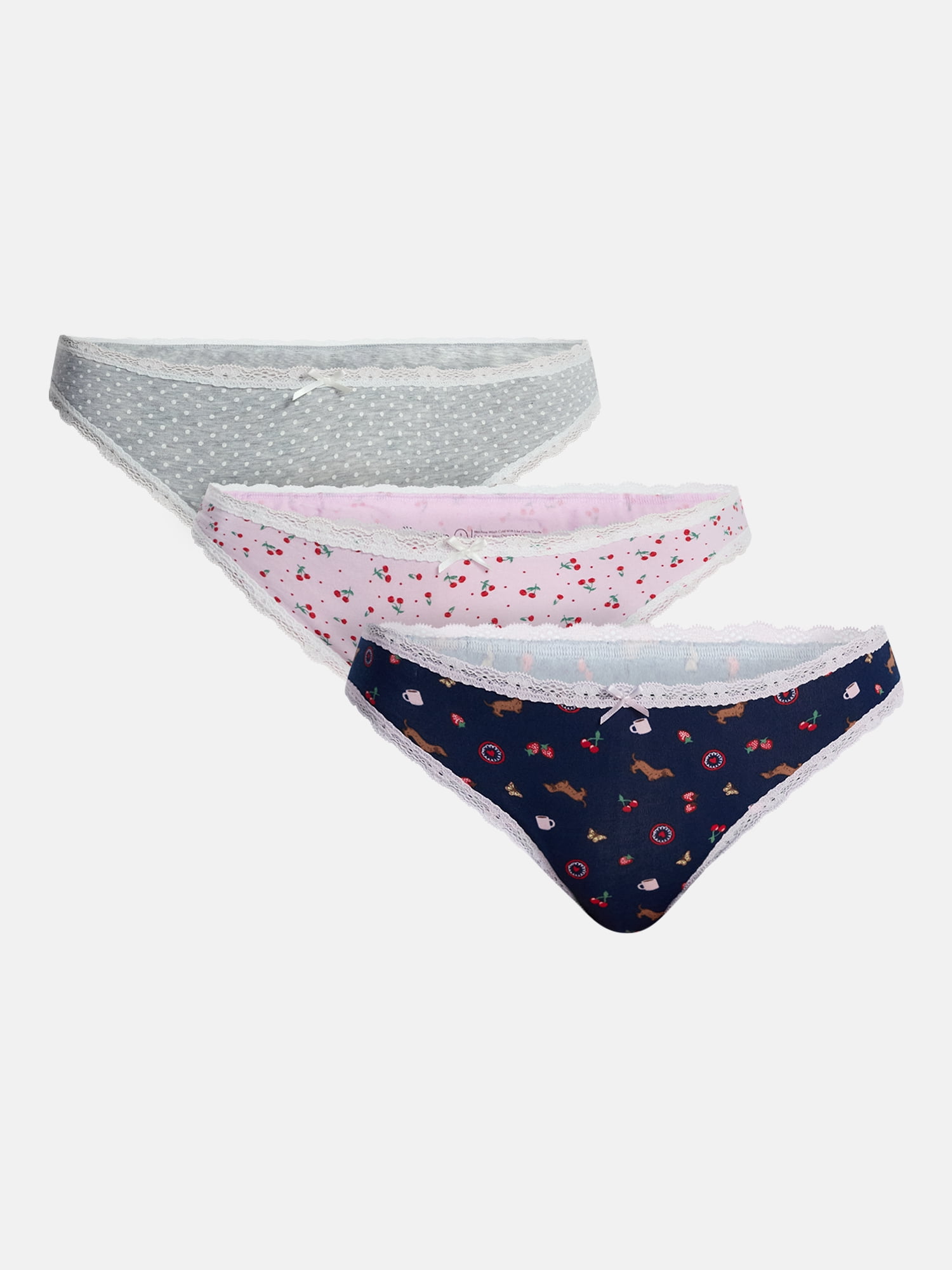 No Boundaries Cotton Stretch Cheeky Panties with Lace, 3 Pack, Women's XS-XXXL