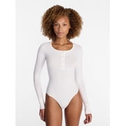 No Boundaries Cotton Stretch Jersey Henley Bodysuit with Long Sleeves, Womens XS-L