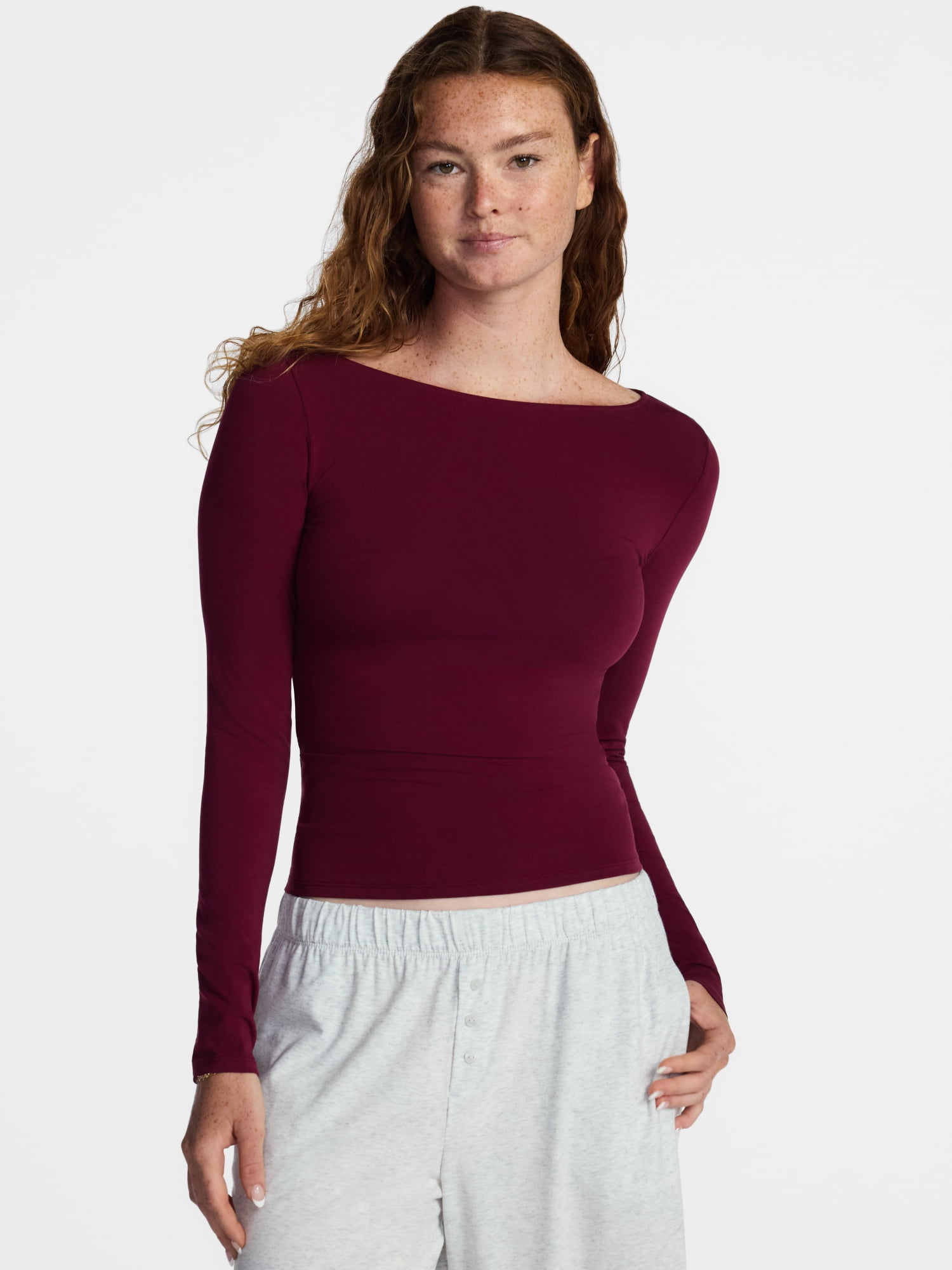 No Boundaries Cotton Stretch Jersey Boat Neck Shirt with Long Sleeves, Women's XS-XXXL