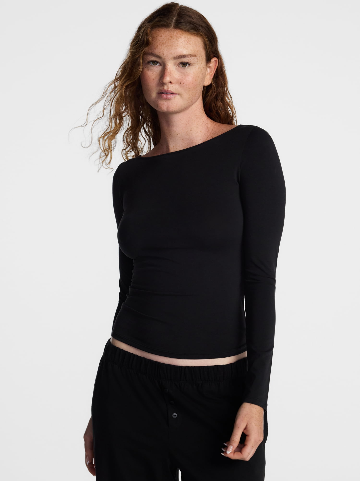 No Boundaries Cotton Stretch Jersey Boat Neck Shirt with Long Sleeves, Women's XS-XXXL