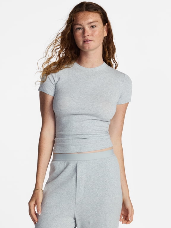 Cotton Stretch Ribbed Tee with Short Sleeves, Women's XS-3XL