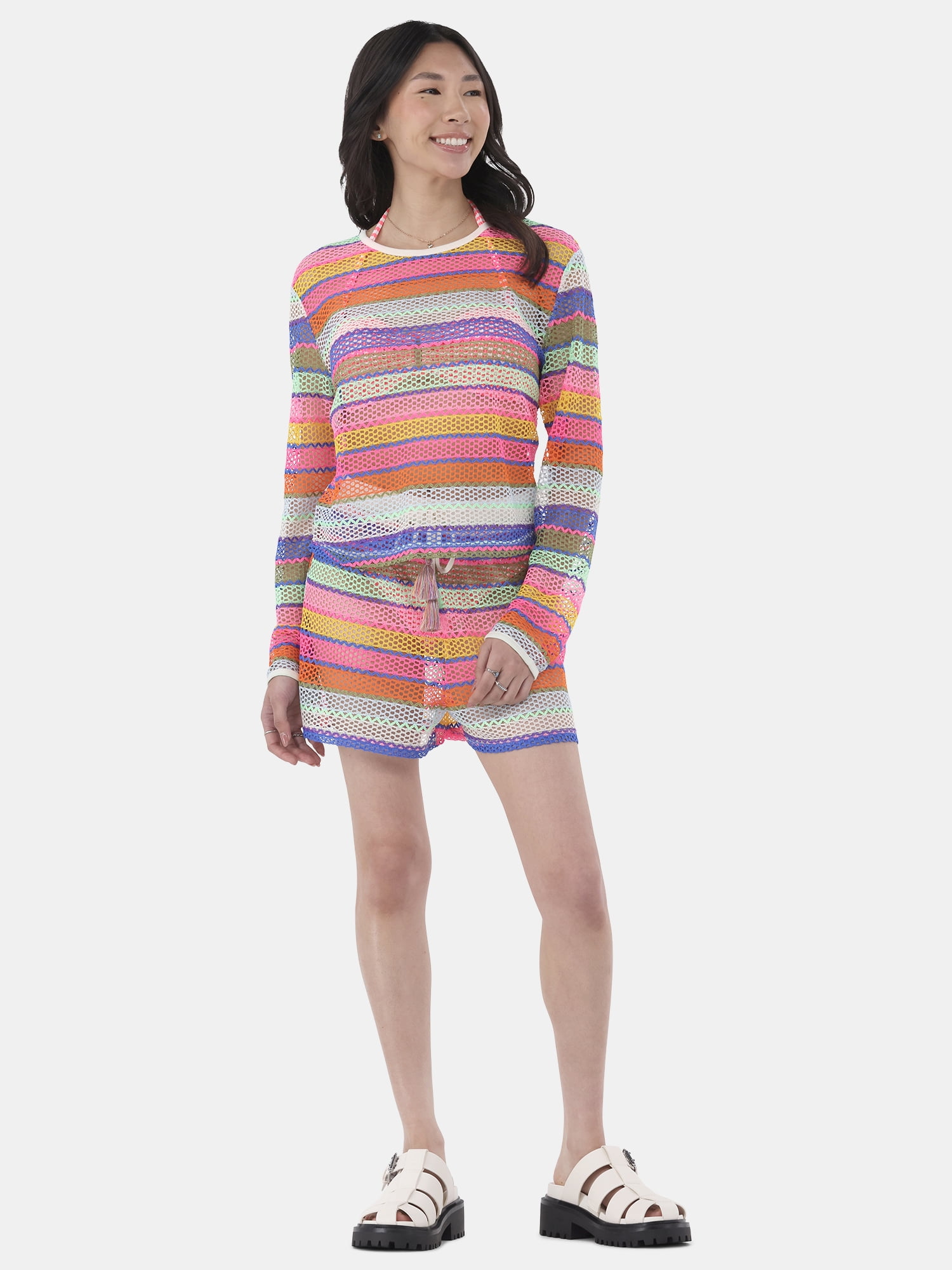No Boundaries Women's Crochet Top Coverup with Long Sleeves, Sizes XXS - XXL