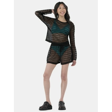 No Boundaries Women's Crochet Top Coverup with Long Sleeves, Sizes XXS - XXL