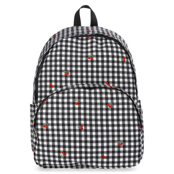 No Boundaries Women's 17" Dome Backpack, Black Gingham with Cherries