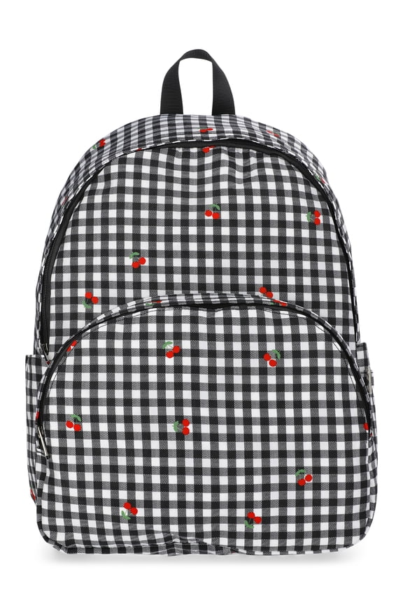Women's 17" Dome Backpack, Black Gingham with Cherries