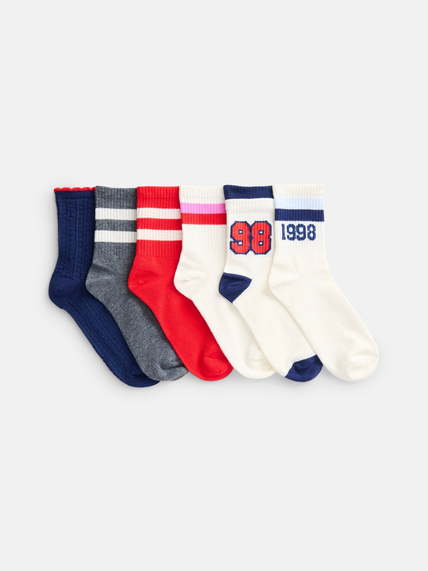No Boundaries Women's Ribbed Mid Crew Socks with Double Cuffs, 6 Pack, Shoe Sizes 4-10