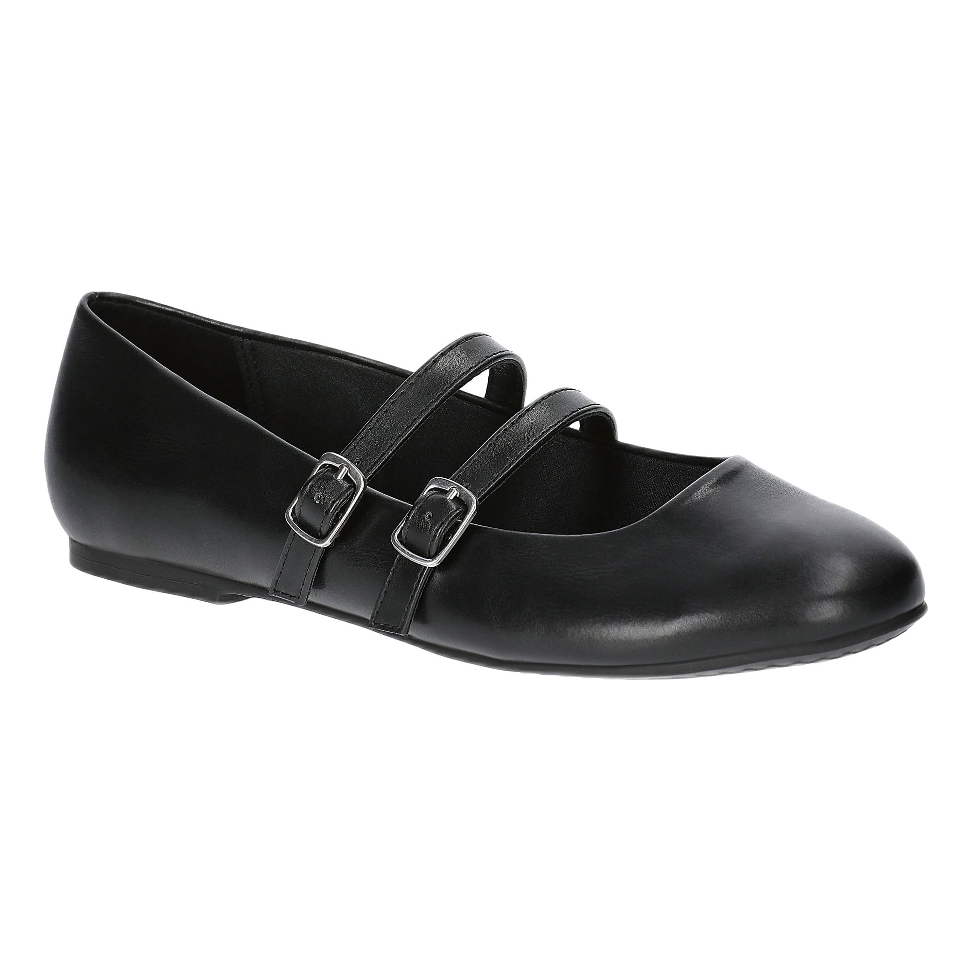No Boundaries Faux Leather Mary Jane Flats with Double Straps, Women's