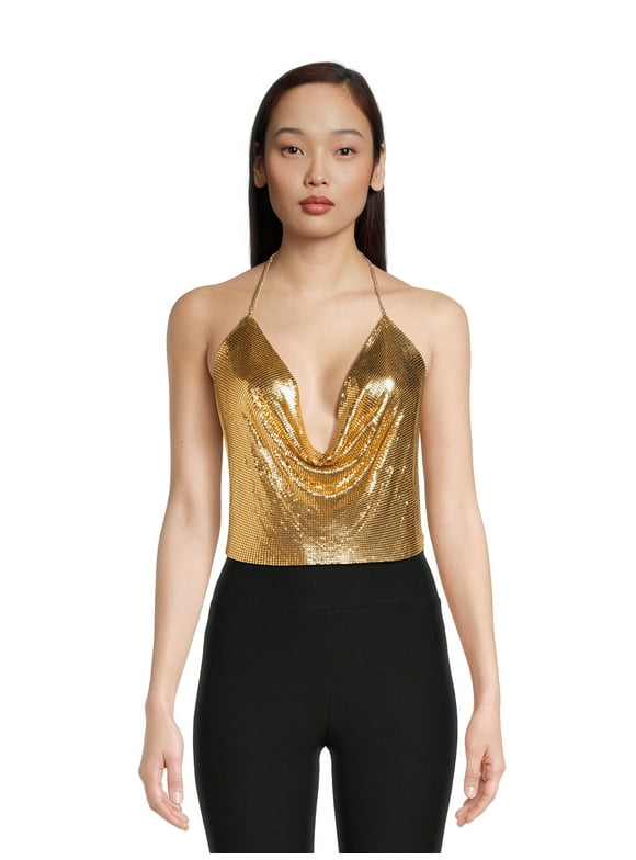 No Boundaries Women's Draped Neck Chainmail Halter Top, Gold
