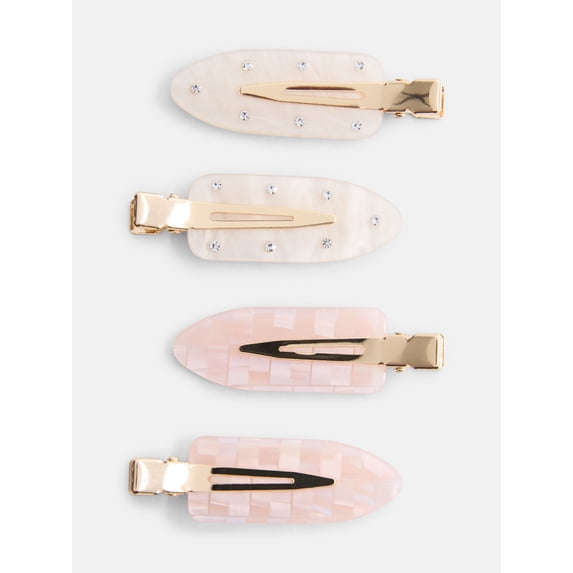 No Boundaries Women's Embellished Creaseless Hair Clip Set, 4-Pack, Ivory/Blush