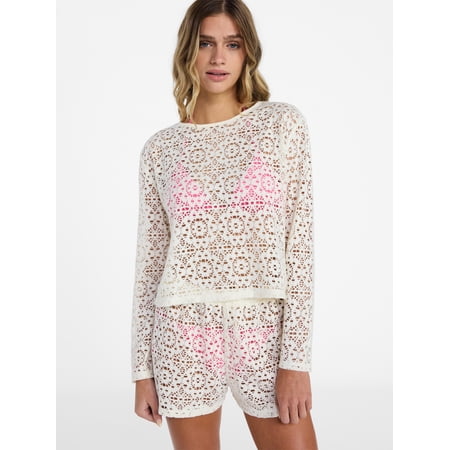 No Boundaries Crochet Coverup Top with Long Sleeves, Women's XXS-XXL