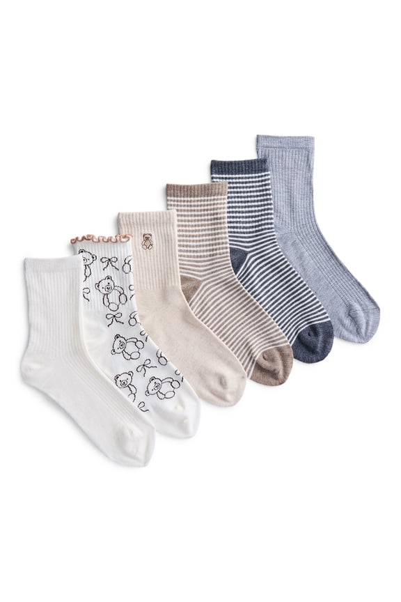 Embroidered Mid Crew Socks, 6-Pack, Women's, Shoe Sizes 4-10