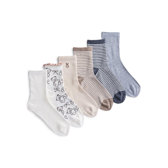 No Boundaries Embroidered Mid Crew Socks, 6-Pack, Women's, Shoe Sizes 4-10