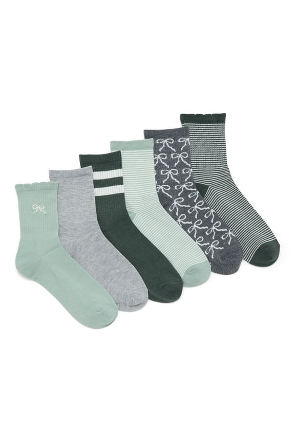 Women's Embroidered Scallop Edge Mid-Crew Socks, 6-Pack, Size 4-10