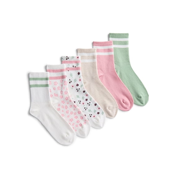 No Boundaries Ribbed Mid Crew Socks, 6-Pack, Women's, Shoe Sizes 4-10