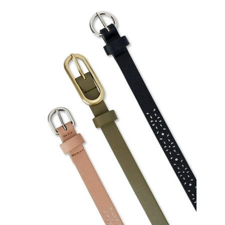 No Boundaries Women's Faux Leather 3 for 1 Basic Belts, Black/ Olive/ Tan