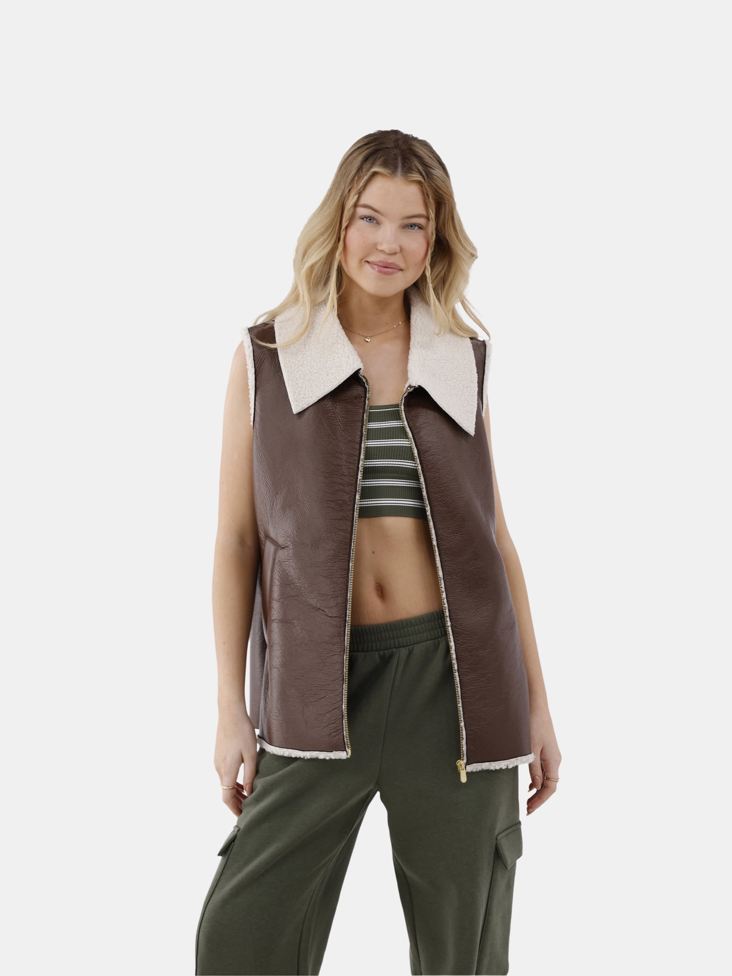 No Boundaries Women's Faux Leather Vest with Faux Shearling Lining, Brown, Size S/M