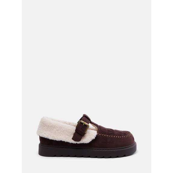 No Boundaries Women's Faux Shearling T Strap Clogs