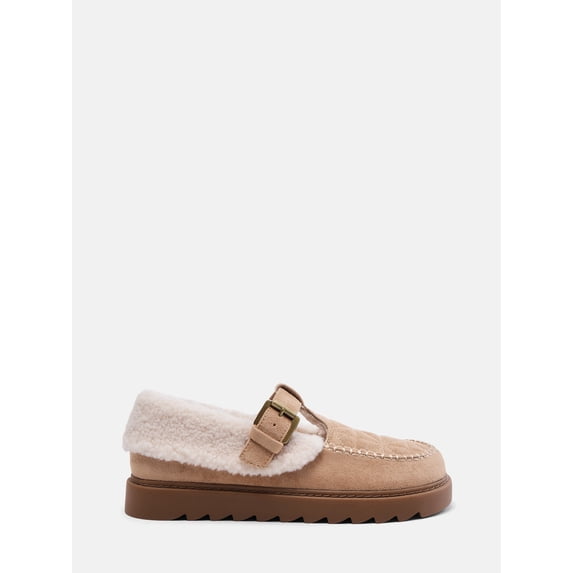 No Boundaries Women's Faux Shearling T Strap Clogs