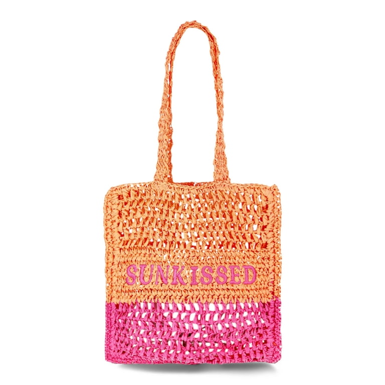 No Boundaries Women's Pink Ombre Straw Tote Bag for Beach