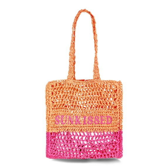 No Boundaries Women's Festival Straw Tote Bag, Pink Ombre Sunkissed