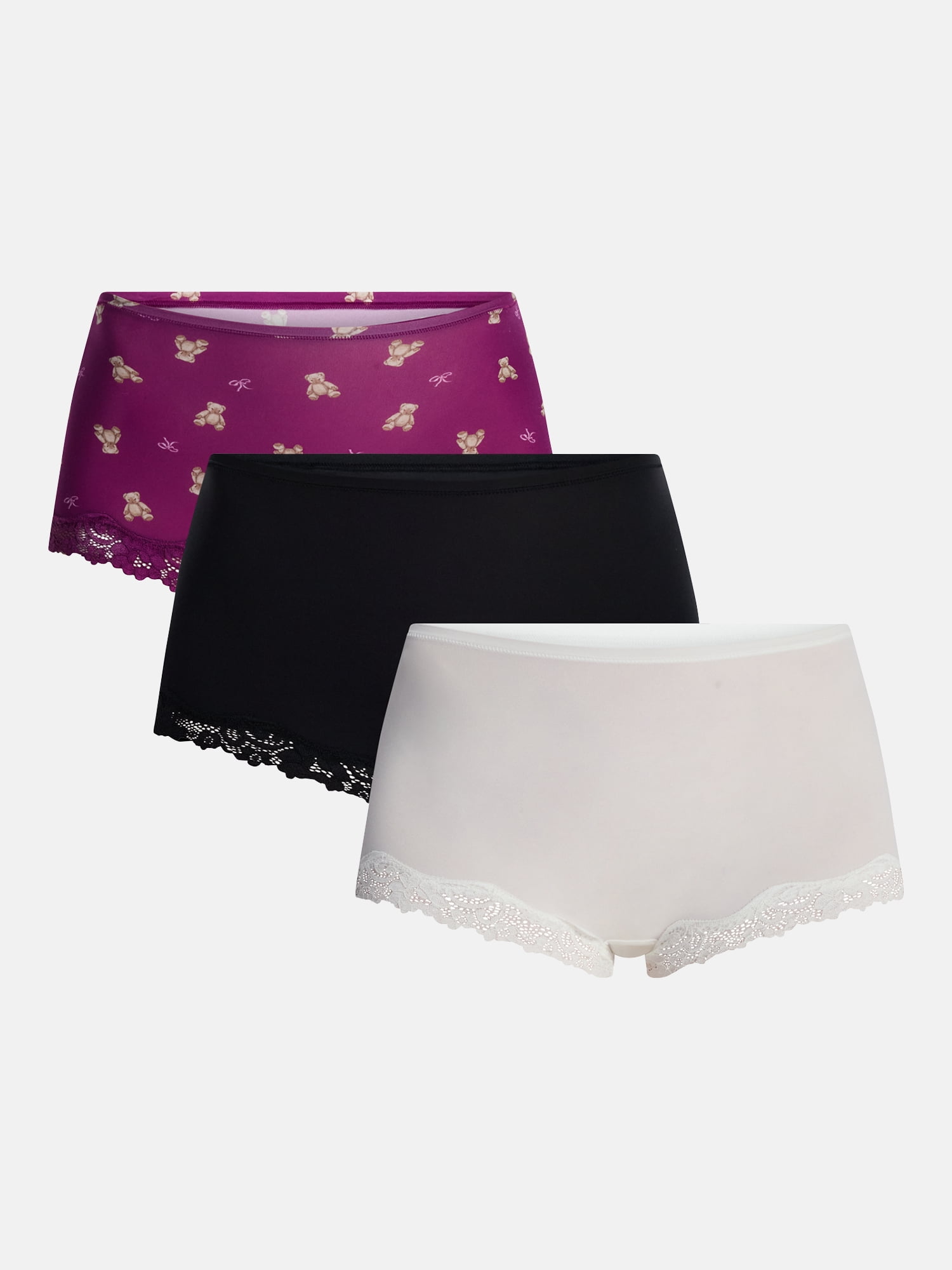 No Boundaries Fit Stretch Boyshort Panties with Lace, 3 Pack, Women's XS-3XL