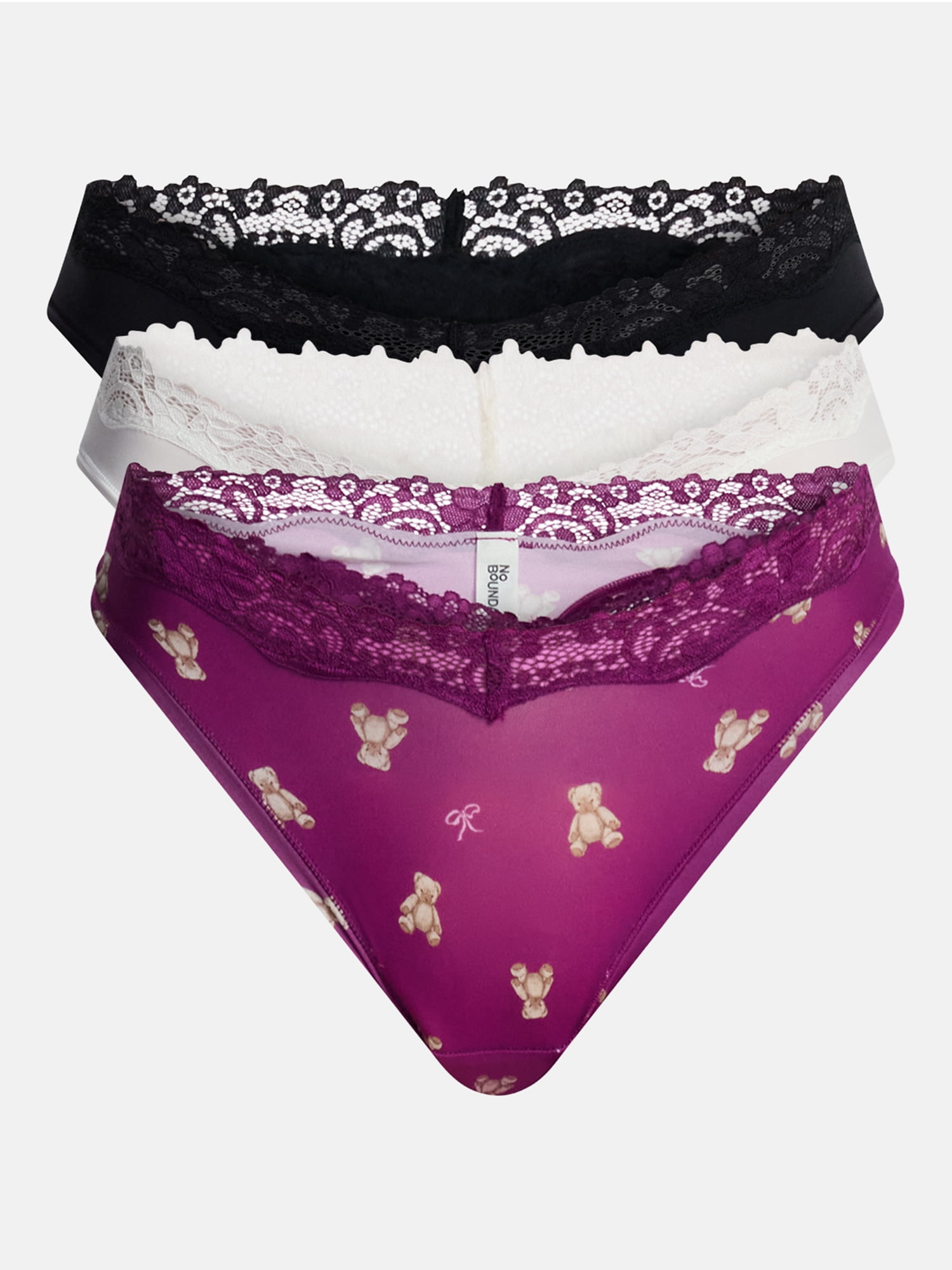 No Boundaries Fit Stretch Lace Thong Panties, 3-Pack, Women's XS-XXXL