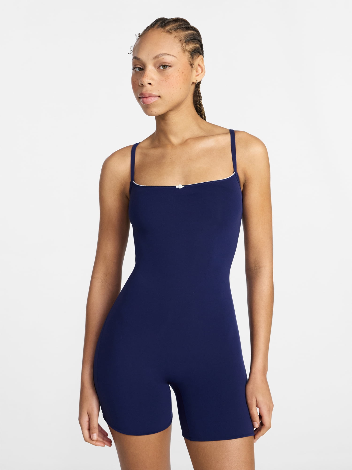 No Boundaries Fit Stretch Picot One Piece Romper, Women's XS-XXXL