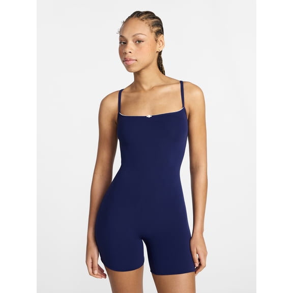 No Boundaries Fit Stretch Picot One Piece Romper, Women's XS-XXXL