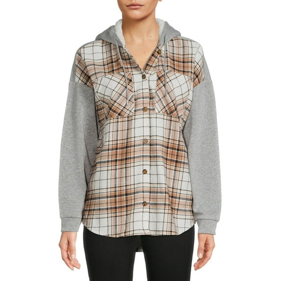 No Boundaries Women's Fleece Sleeve Hooded Flannel Shirt