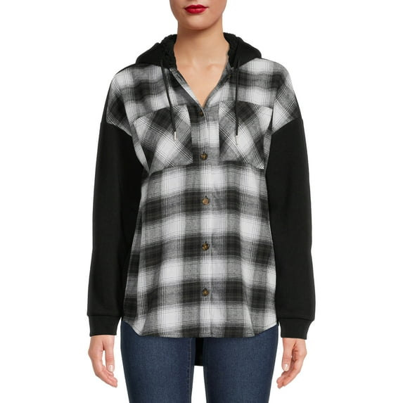 No Boundaries Women's Fleece Sleeve Hooded Flannel Shirt