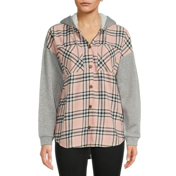No Boundaries Women's Fleece Sleeve Hooded Flannel Shirt