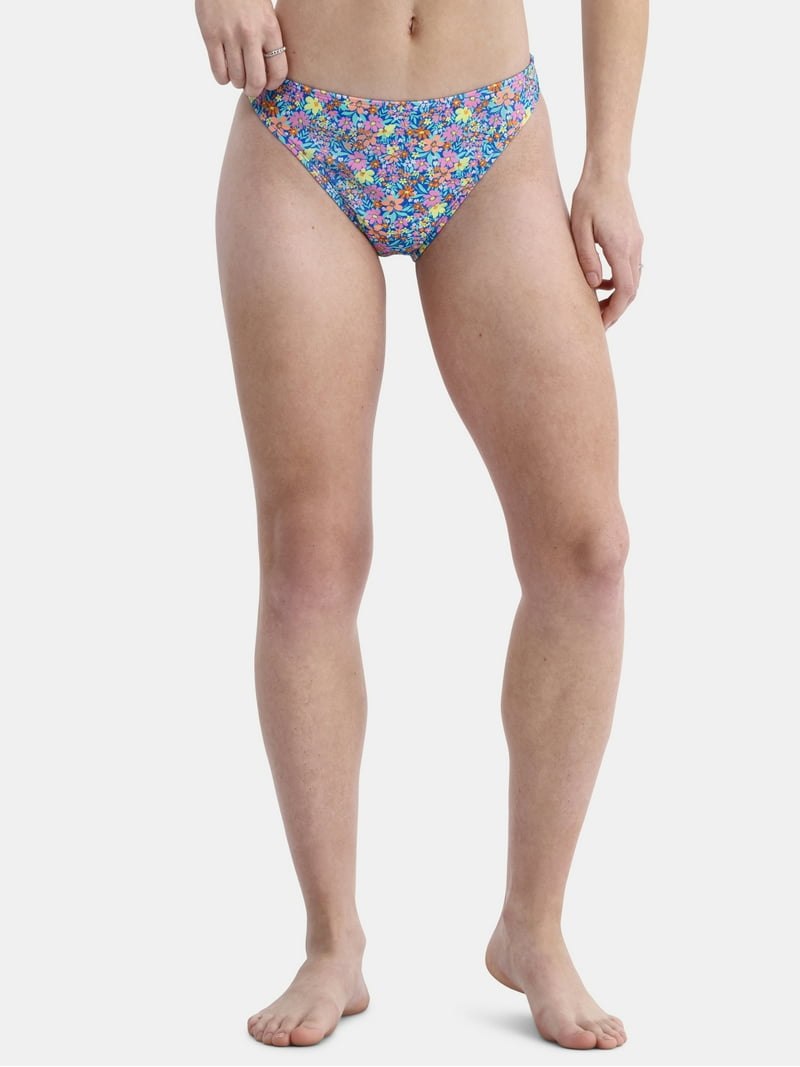 No Boundaries Women's Floral Mid Waist High Leg Bikini Bottoms