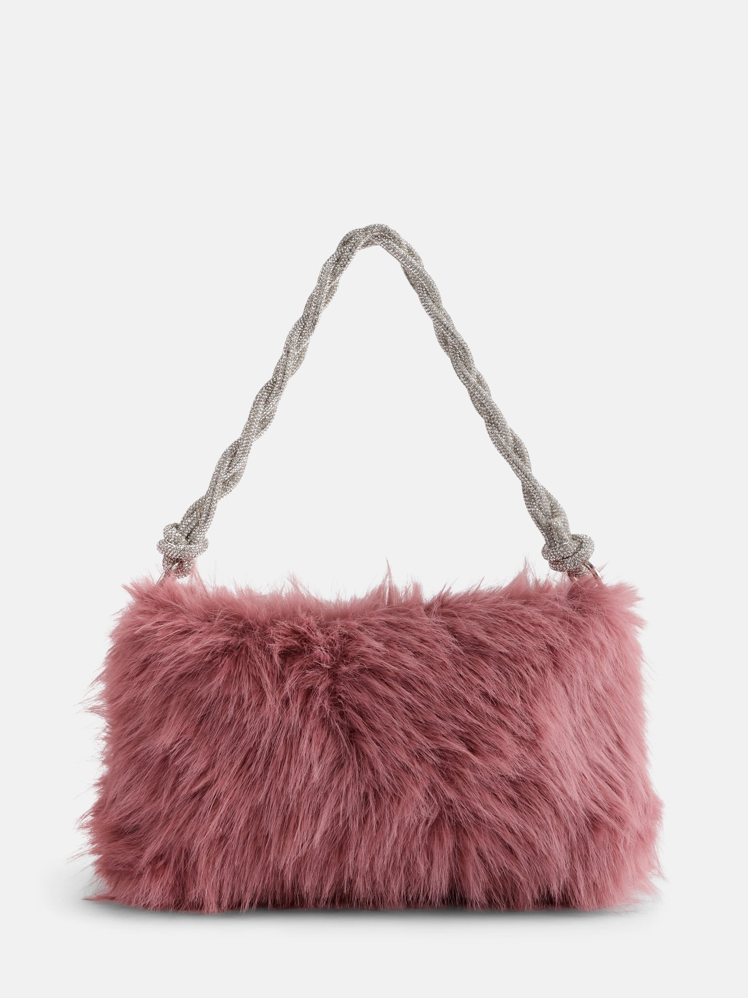 No Boundaries Women's Faux Fur Shoulder Bag with Rhinestone Strap, Blush