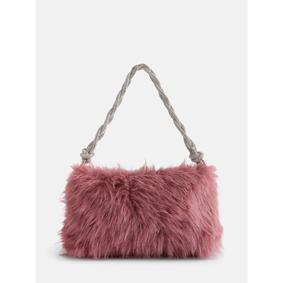 No Boundaries Women's Faux Fur Shoulder Bag with Rhinestone Strap, Blush