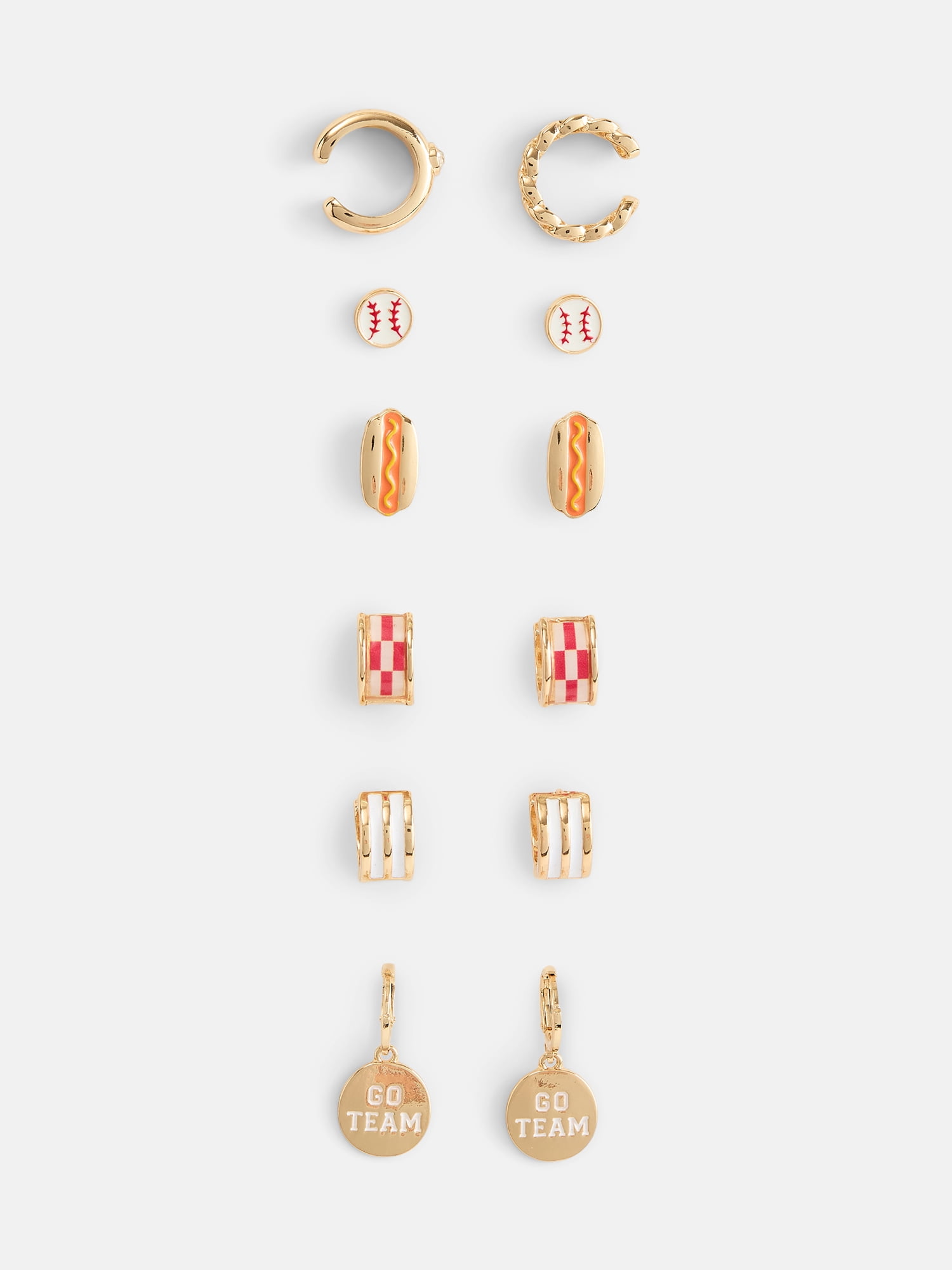 No Boundaries Women's Game Day Gold Tone Multi Earring and Cuffs Set, 5 Pairs and 2 Cuffs