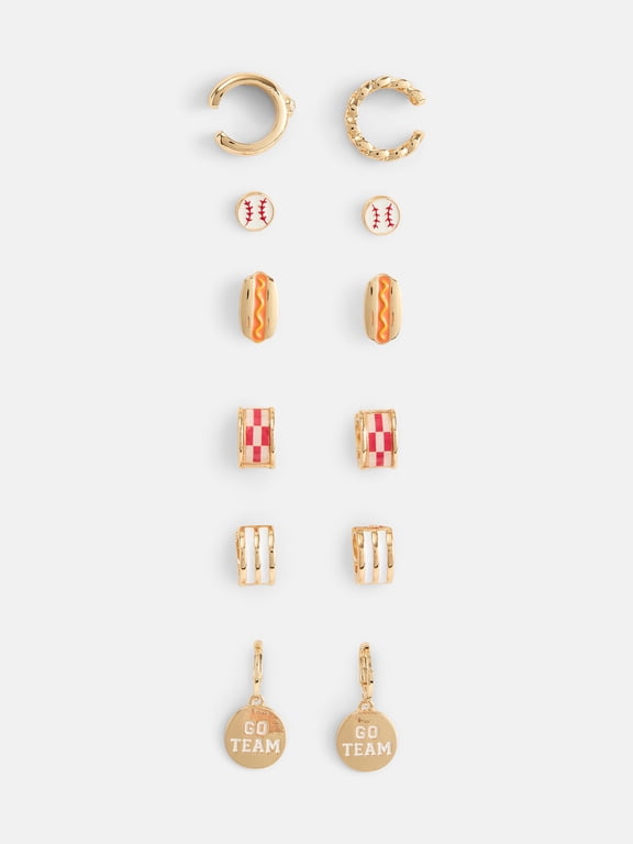 Women's Game Day Gold Tone Multi Earring and Cuffs Set, 5 Pairs and 2 Cuffs