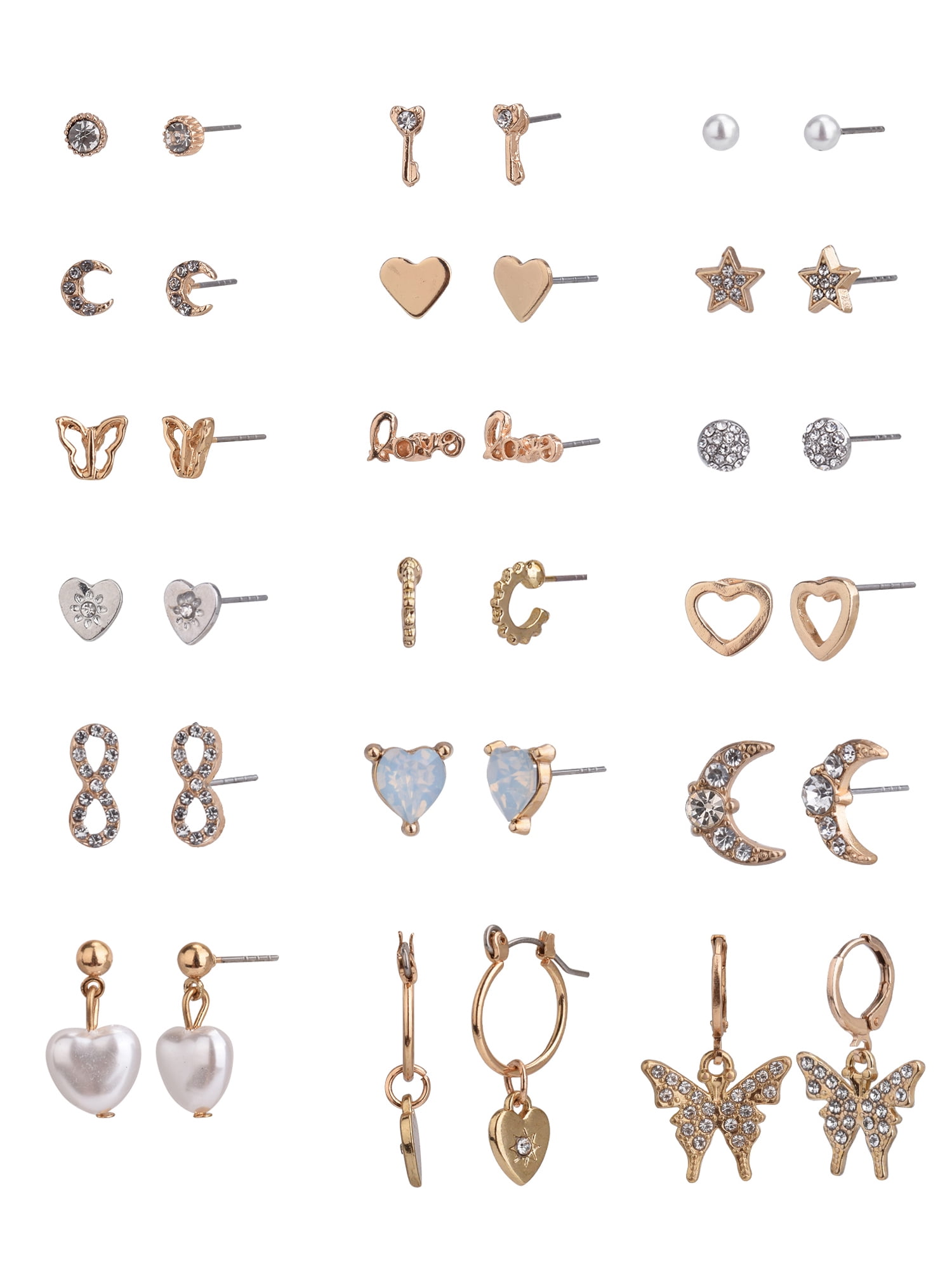 No Boundaries Women's Goldtone 18 Pair Heart Moon and Stars Multi Earring Set