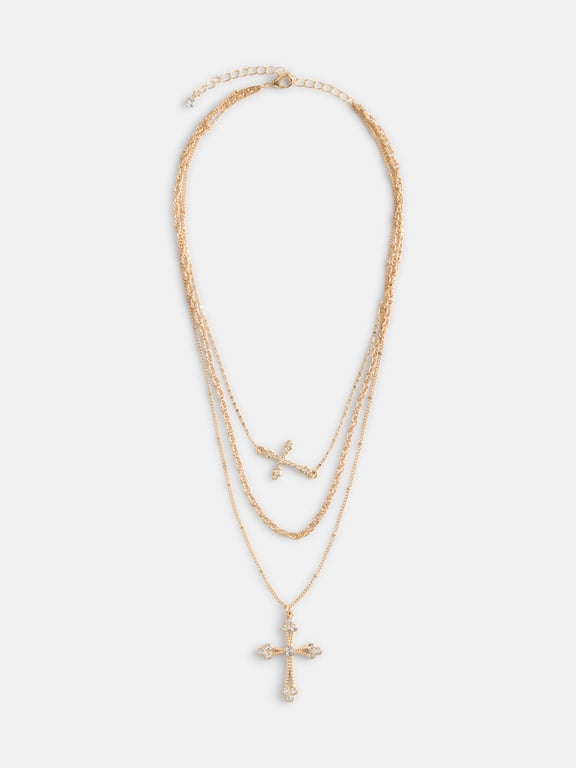 Womens Gold Tone Cross Layered Necklaces, 3 Piece