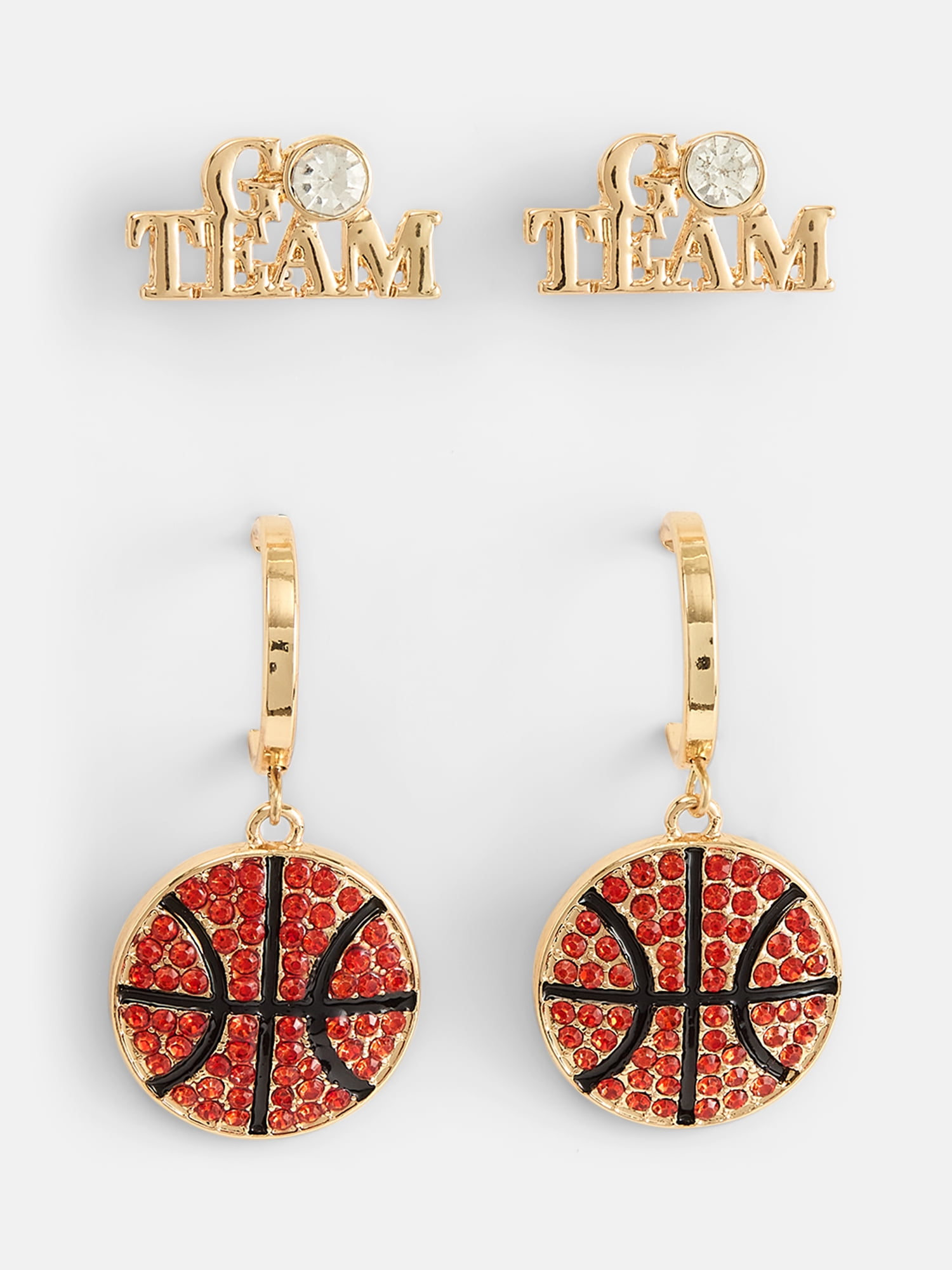 No Boundaries Women's Gold Tone Game Day Studs and Basketball Hoop Earrings Set, 2 Pairs