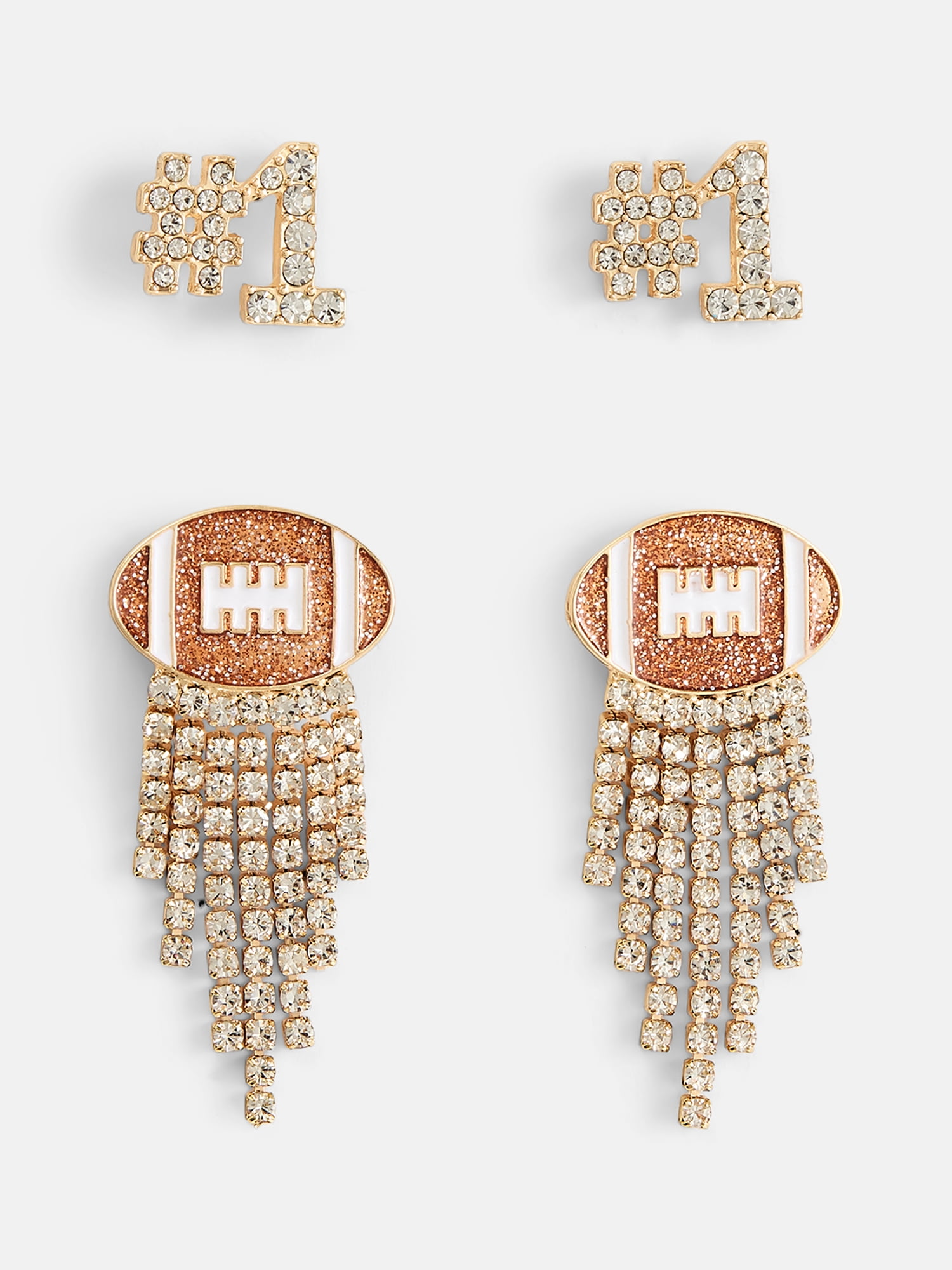 No Boundaries Women's Gold Tone Game Day Football Studs and Fringe Earrings Set, 2 Pairs