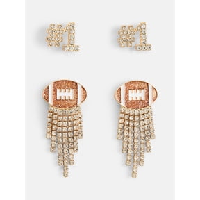 No Boundaries Women's Gold Tone Game Day Football Studs and Fringe Earrings Set, 2 Pairs