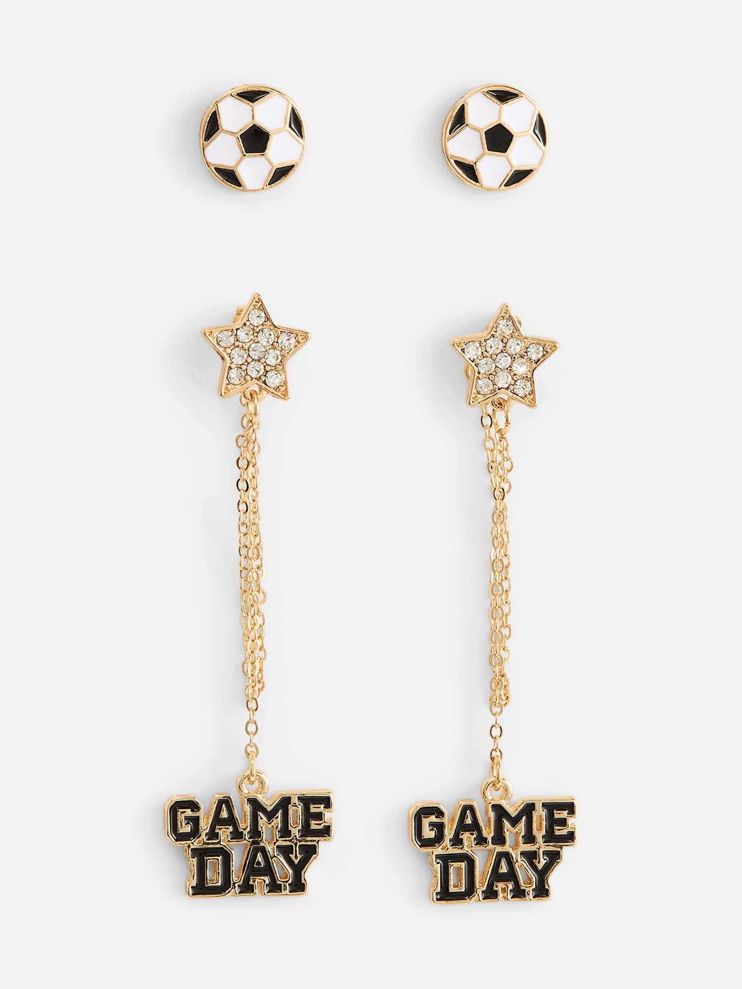 No Boundaries Women's Gold Tone Game Day Soccer Studs and Star Drop Earrings Set, 2 Pairs