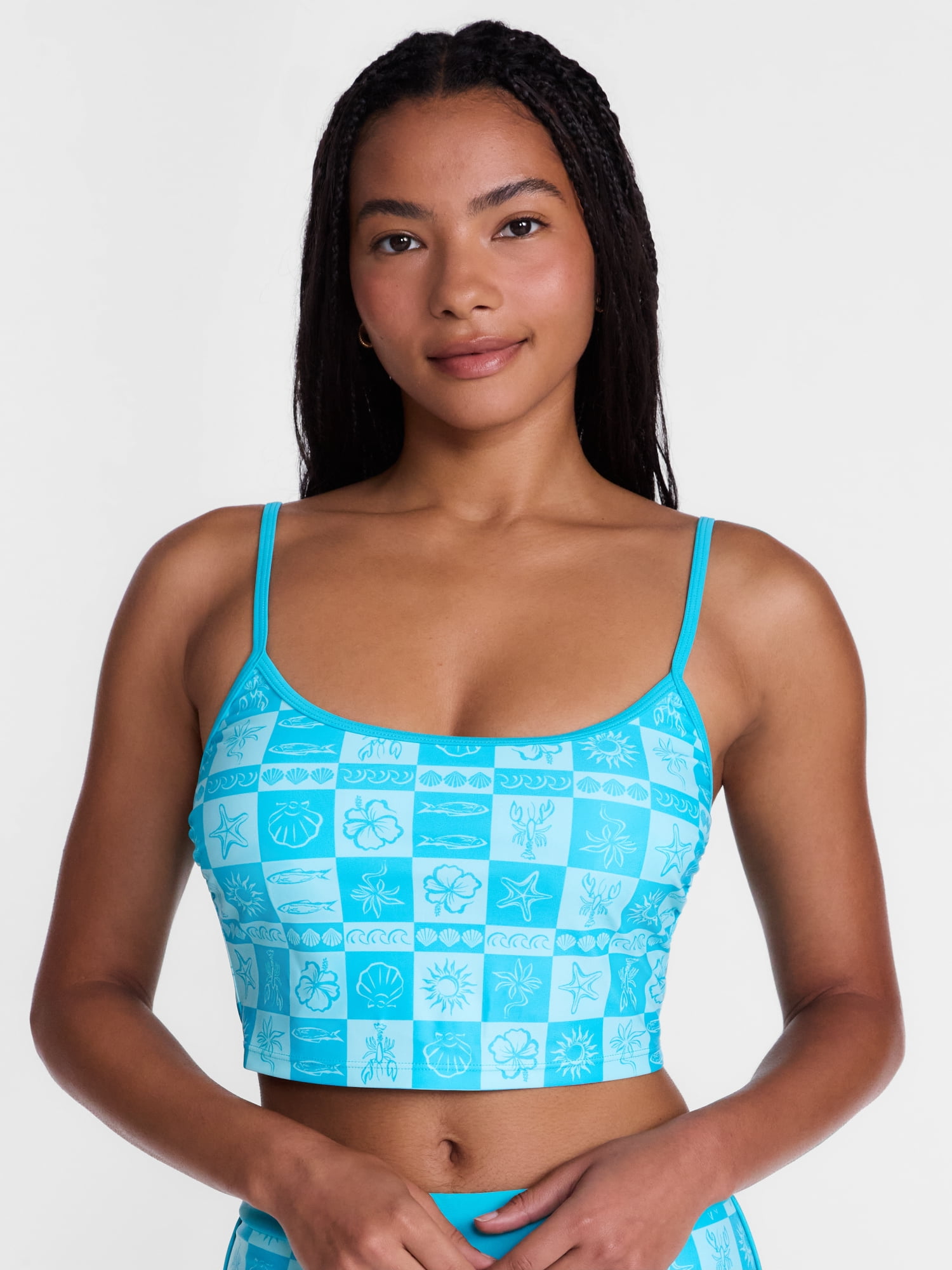 No Boundaries Groovy Getaway Checkered Tankini Swim Top, Women's XXS-XXL