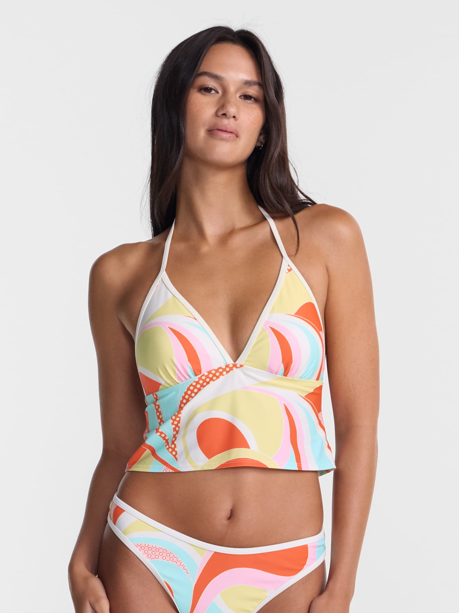 No Boundaries Groovy Getaway Cropped Longline Tankini Swim Top, Women's XXS-XXL