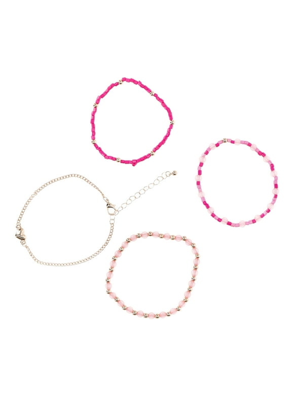 Womens Heart and Beaded Bracelets Set, 4 Pack