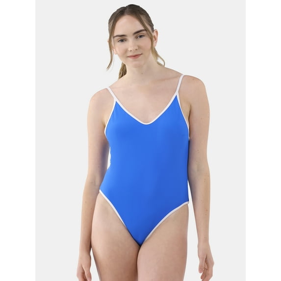 No Boundaries Women's High Cut Leg One Piece Swimsuit with Contrast Trim, Sizes XXS-XL