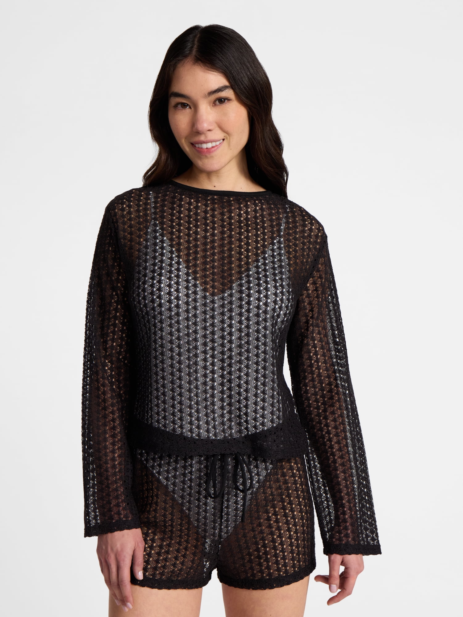 No Boundaries High-Low Crochet Swim Coverup with Long Sleeves, Women's