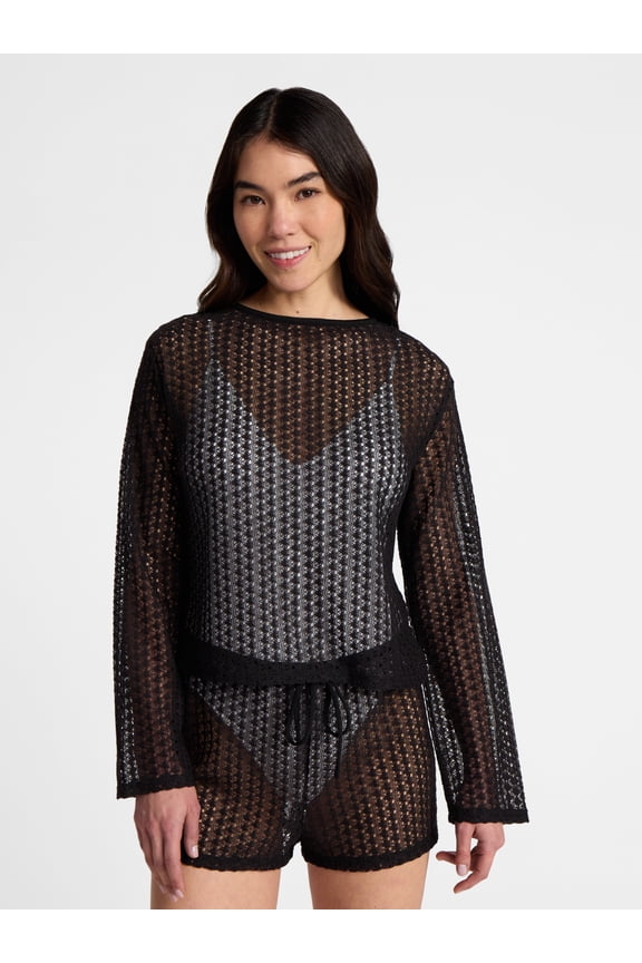 High-Low Crochet Swim Coverup with Long Sleeves, Women's