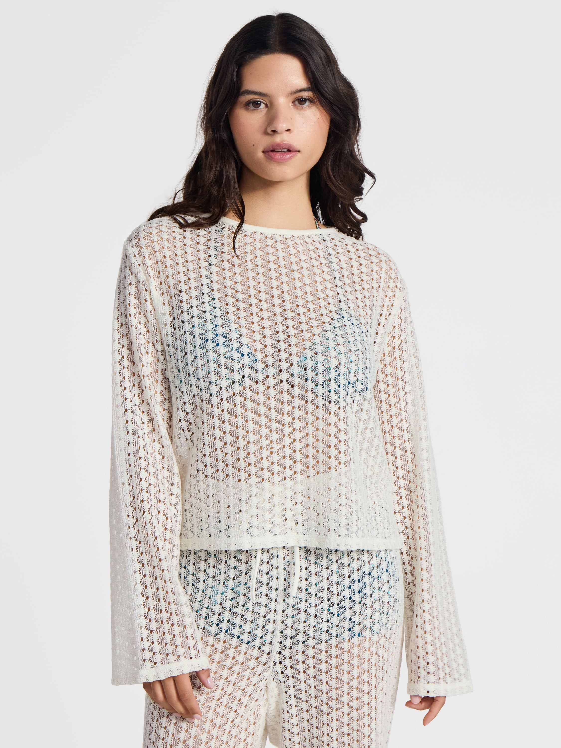 No Boundaries High-Low Crochet Swim Coverup with Long Sleeves, Women's