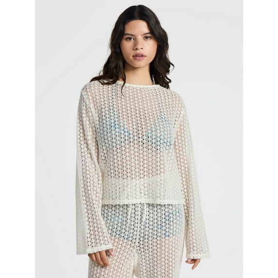No Boundaries High-Low Crochet Swim Coverup with Long Sleeves, Women's